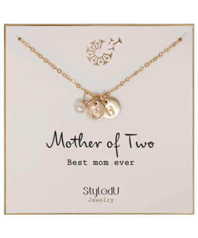 "Mother of Two” Freshwater Pearl with 2 Personalized Initial Gold Filled Small Disc(9.5mm) Necklace for Mom