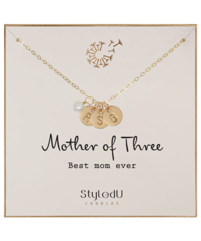 "Mother of Three” Freshwater Pearl with 3 Personalized Initial Gold Filled Small Disc(9.5mm) Necklace for Mom
