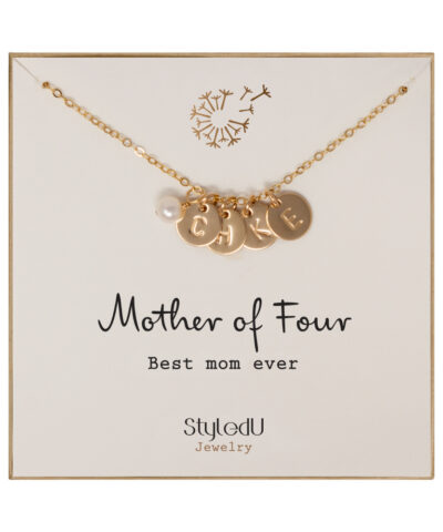 "Mother of Four” Freshwater Pearl with 4 Personalized Initial Gold Filled Small Disc(9.5mm) Necklace for Mom