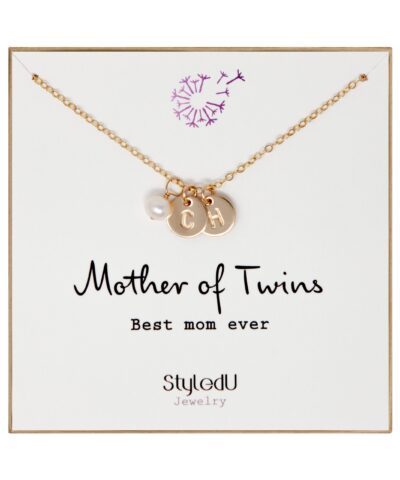 "Mother of Twins” Freshwater Pearl with 2 Personalized Initial Gold Filled Small Disc(9.5mm) Necklace for Mom