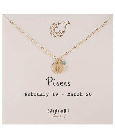 Pisces Zodiac Necklace with Birthstone, 14K Gold Filled